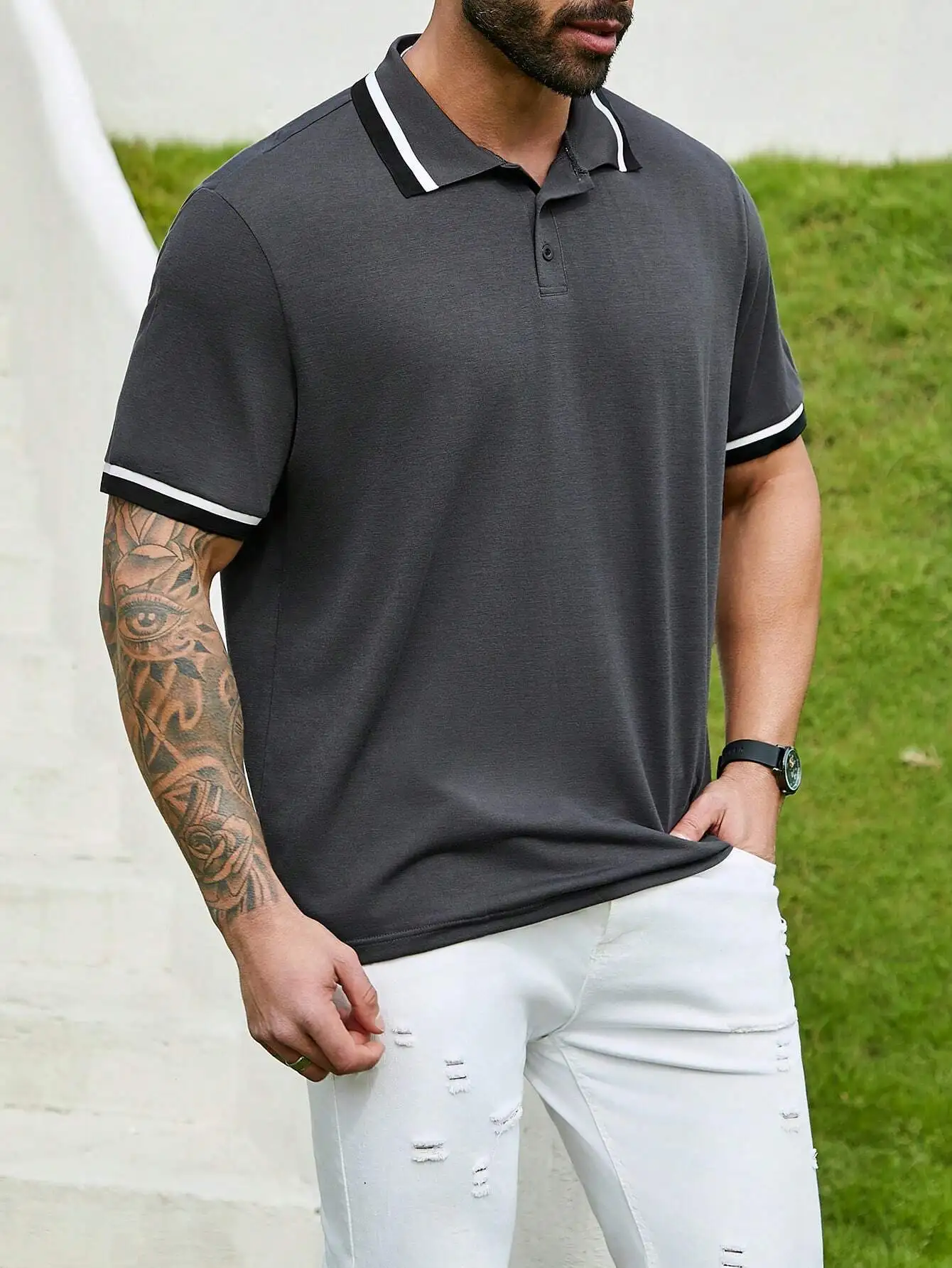 

Men's Dark Gray Short Sleeve Polo Shirt with Contrast Trim Collar and Cuffs