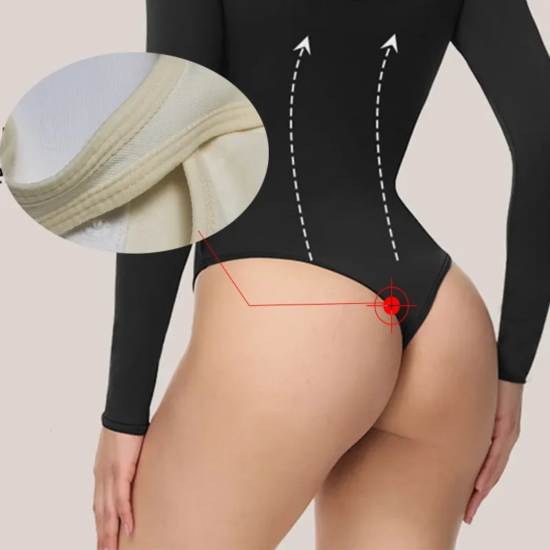 GUUDIA Open Crotch Big U Neck Seamless Bodysuit Long Sleeve Spandex Elastic Body Suit Shapewear Tummy Control Waist Shapers