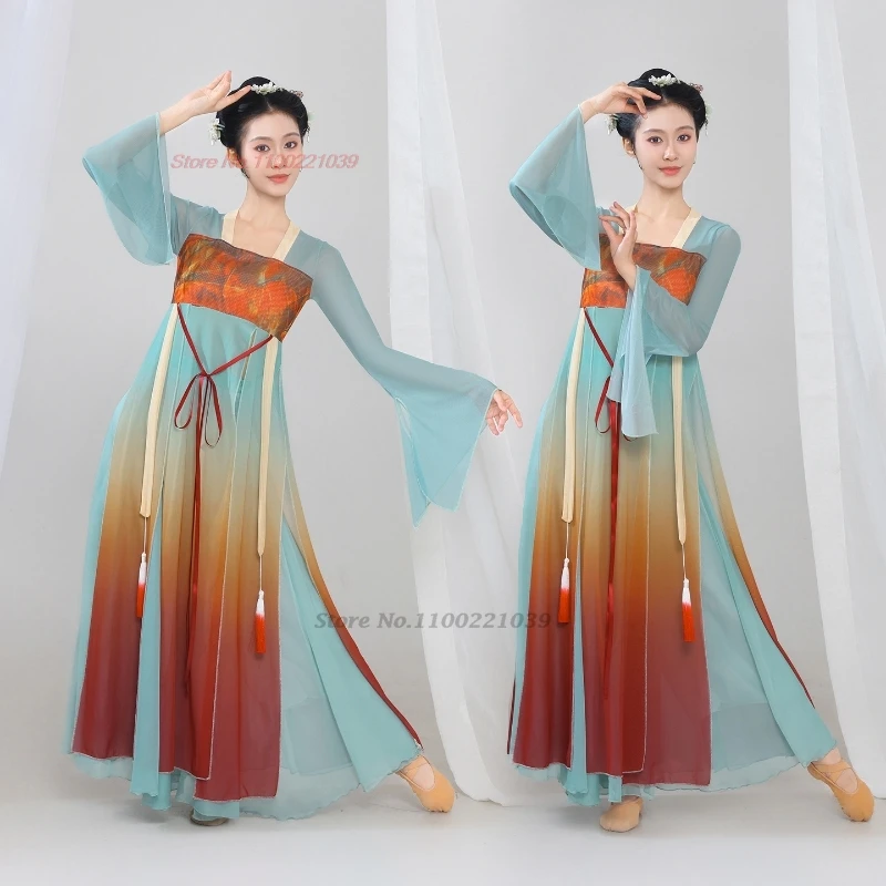 

2026 китайское винтажное танцевальное платье для выступления на сцене, традиционное сетчатое платье с цветочным принтом ruqun hanfu + комплект юбки, танцевальный костюм в стиле ретро