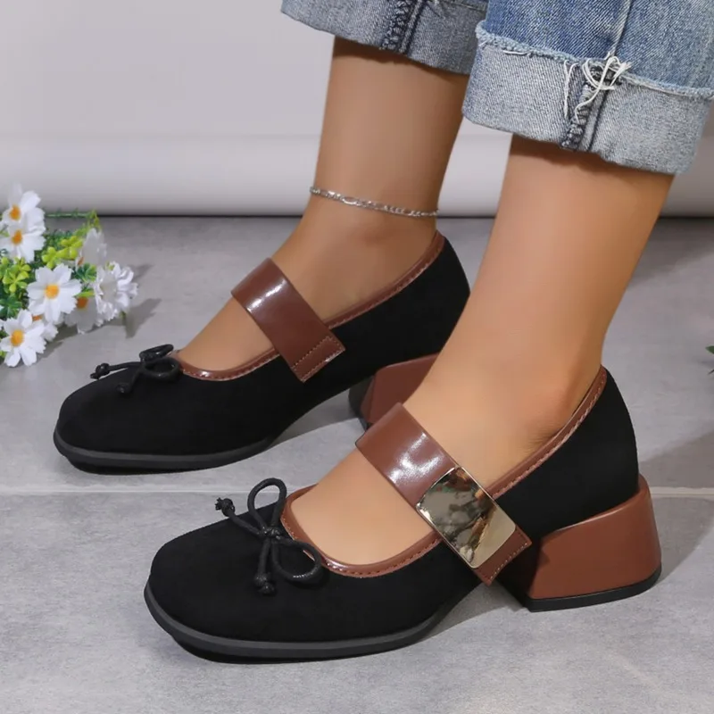 Bow Fashion Square Toe Shallow Mouth Thick Heel Metal Buckle Straight Strap Single Shoe