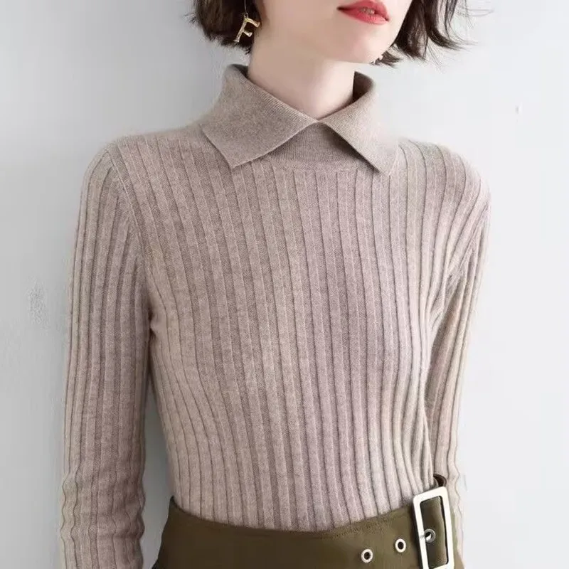 

2025 French Polo Collar Knitted Sweater Autumn Winter Women Pullover Sweater Female Soft Blouse Jumpers Office Lady Base Shirt