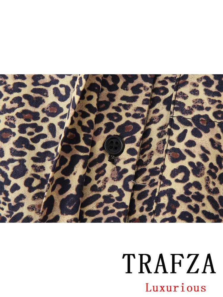 TRAFZA Vintage Causal Chic Women Suit Print Leopard Hidden Breasted Short Sleeve Blouse Loose Shorts Fashion 2024 Summer Set