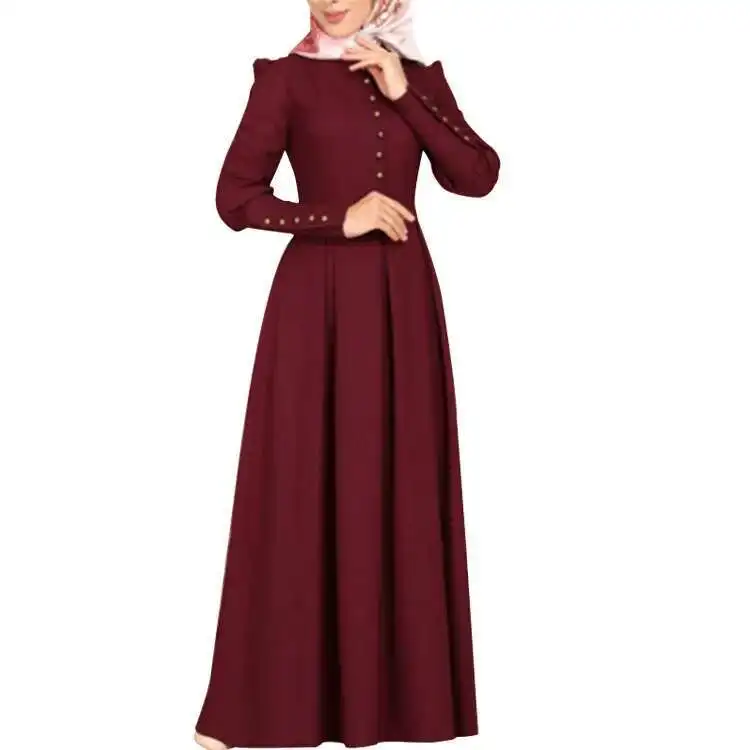 Robe droite mince à manches longues bouton décoratif Robe ethnique 324 Robe longue Robe Abaya Ramadan dubaï luxe Islam élégant