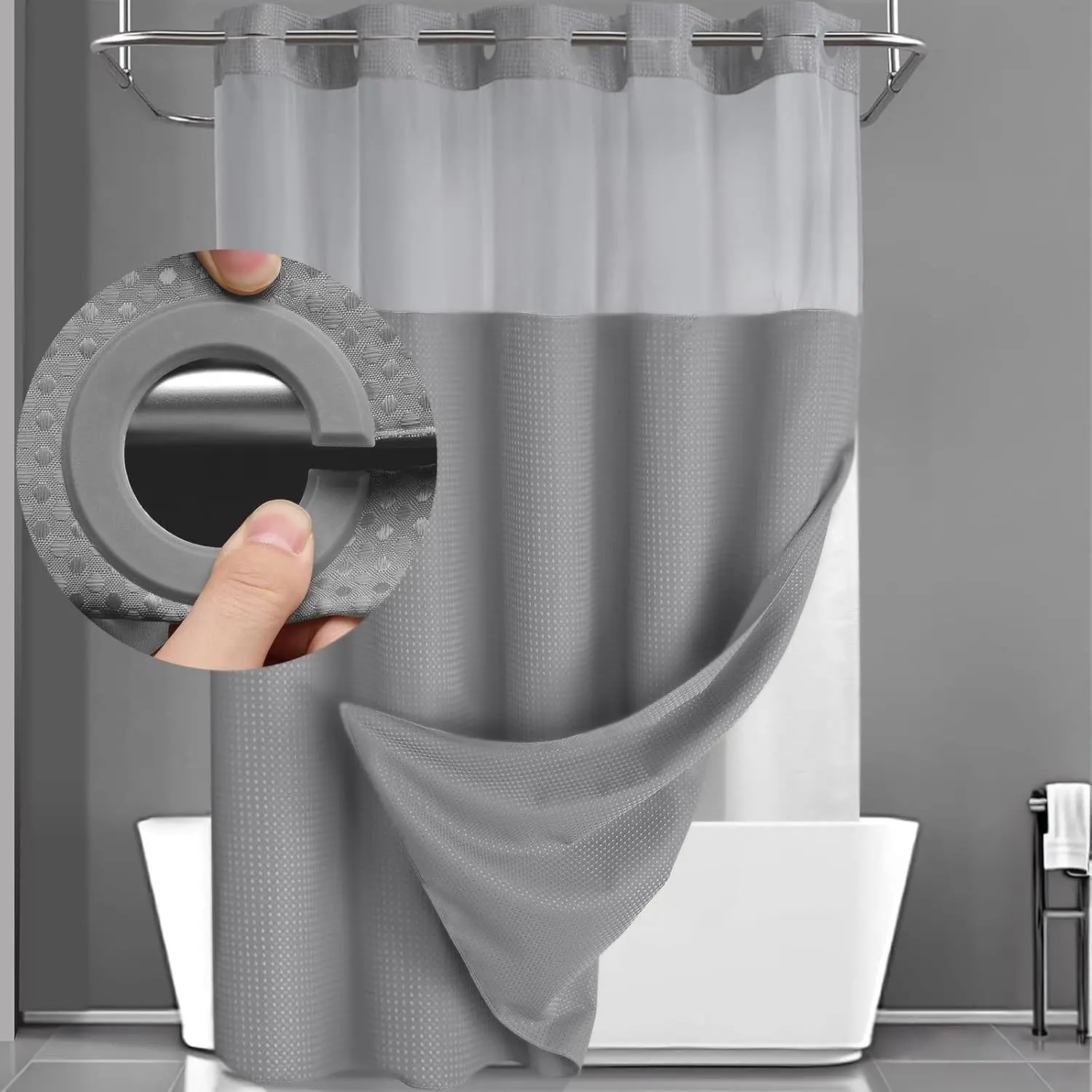 Hookless Shower Curtain Set Double Layer with Liner Removable White Waffle Bath Curtain