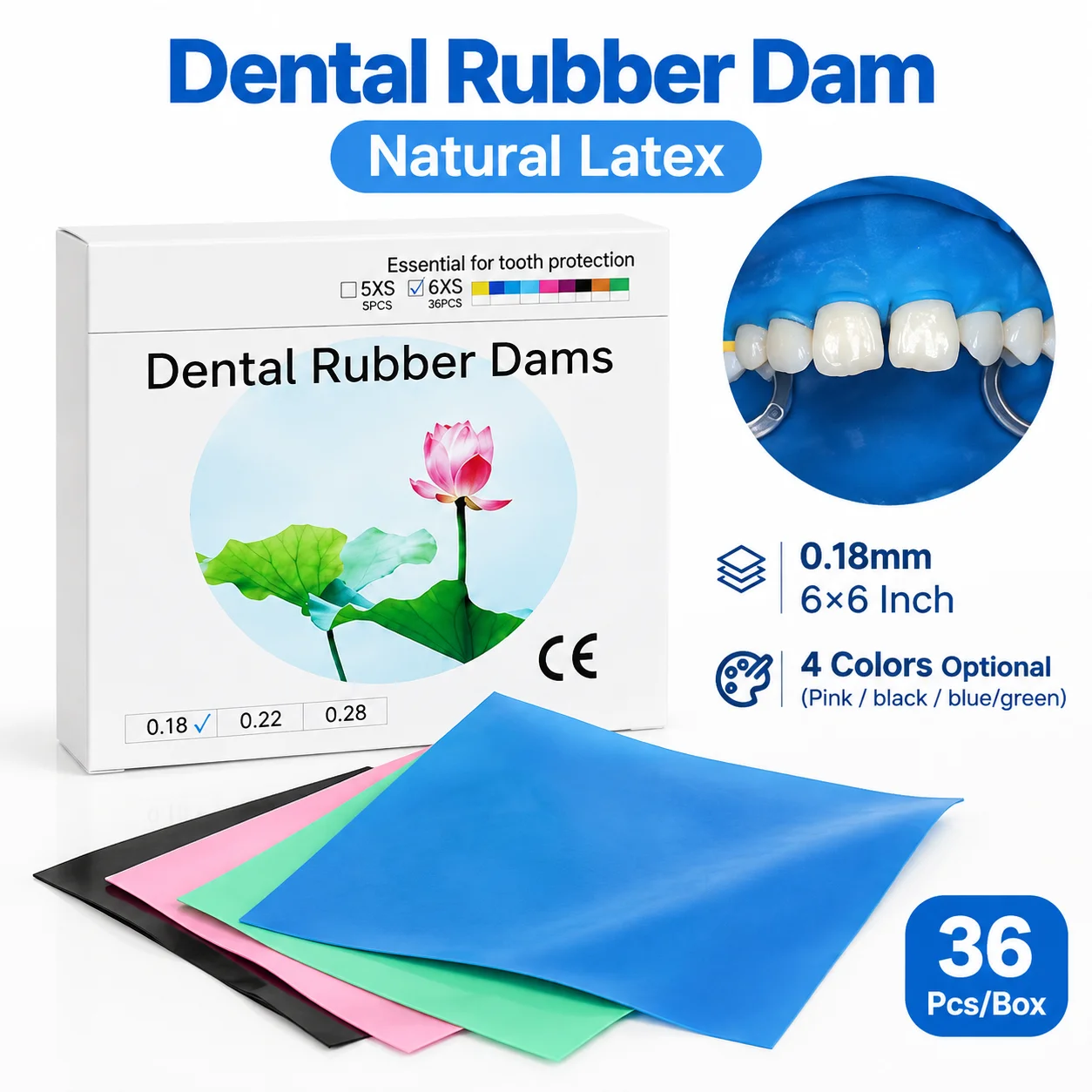 Dental Rubber Dam Natural Latex 0.18mm 6×6 Inch 36Pcs/Box 4 Colors Optional High Strength Oral Care Dentistry Materials