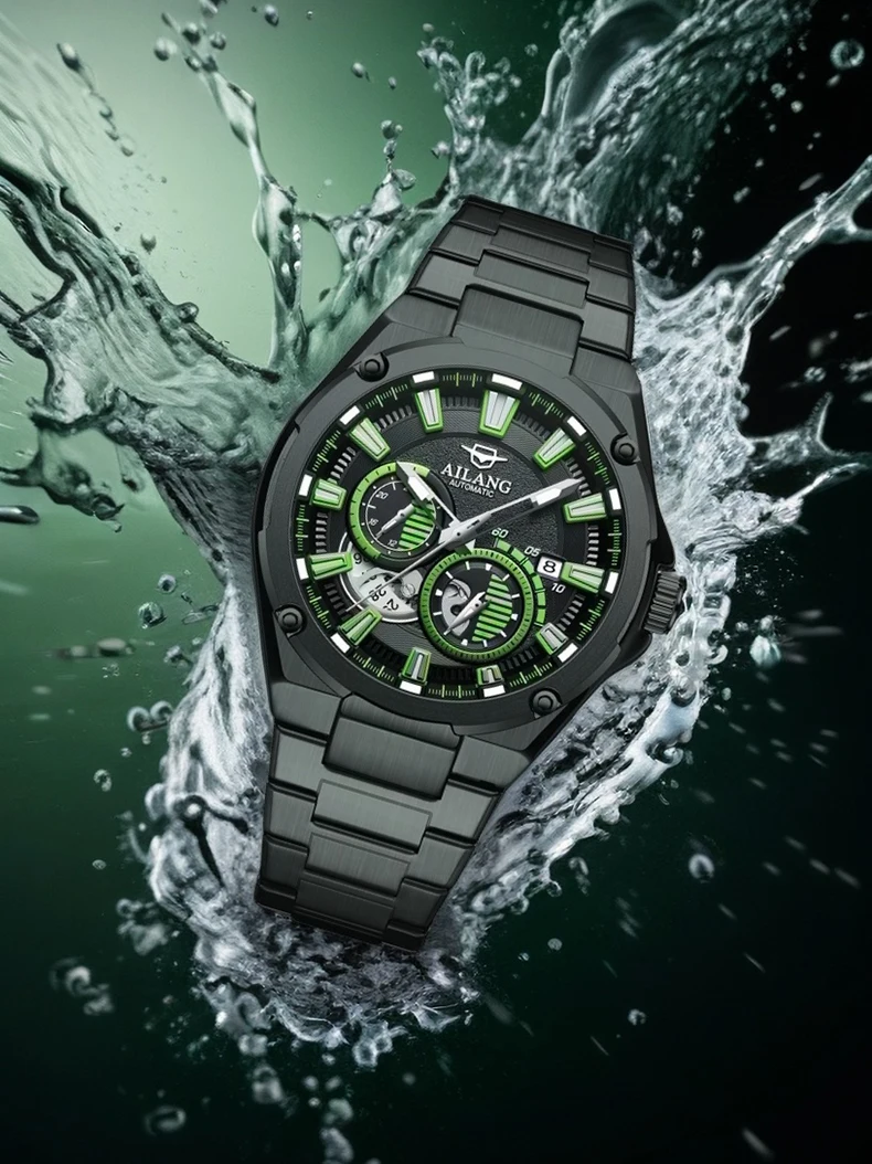 Ailang men's stainless steel strap luminous water resistant calendar automatic multi-functional fashion mechanical watch