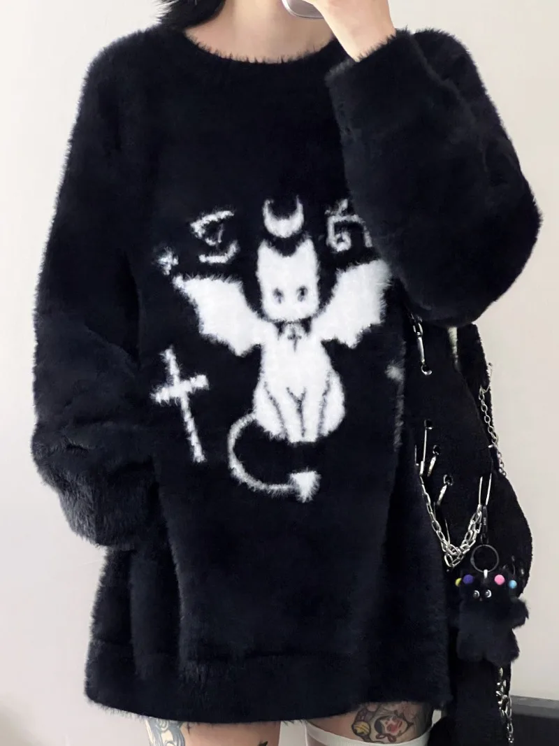 

Japan Style Devil Cat Sweater Black Halloween Knitwear Women Y2K Goth Style Warm Furry Tops Knitted Jumper New Autumn Winter