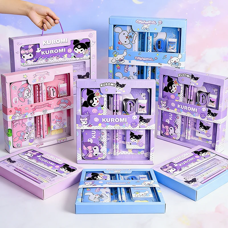 Set de Papelería de Lujo Kuromi, Caja de Regalo, Lindo Estuche de Lápices con Diseño de Melody y Cinnamoroll, Borrador, Regla, Estuche para Lápices, Paquete de Regalo para un Aprendizaje Feliz