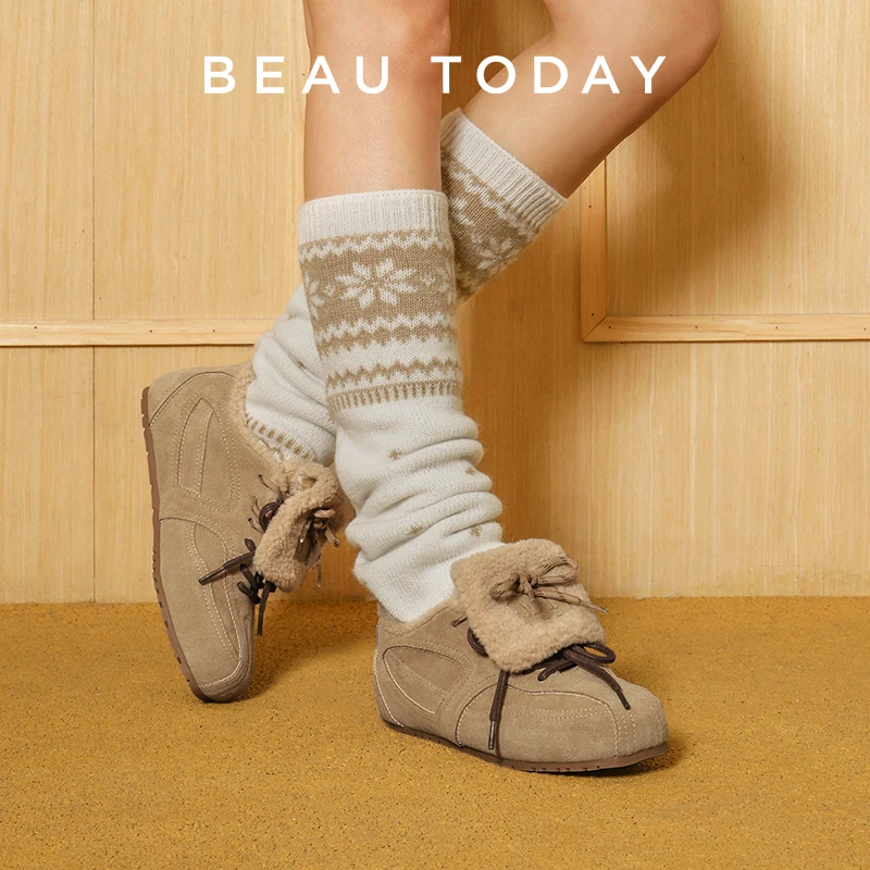 

BEAUTODAY Furry Trainers Women Cow Suede Round Toe Solid Color Turned-over Edge Sneakers Lace-Up Ladies Shoes Handmade 29975