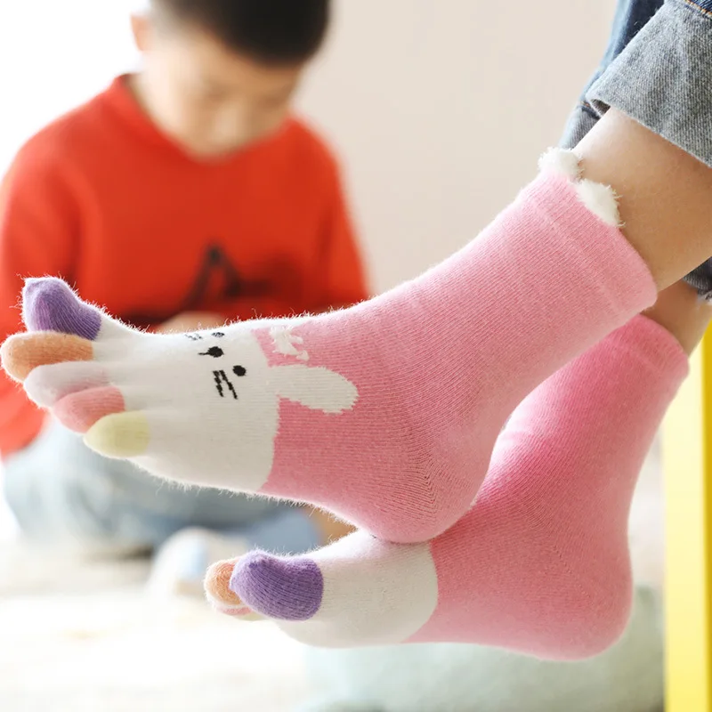 5 Pairs Cute Children Short Socks with Toes Funny 3D Rabbit Animal Cartoon Cotton Toe Socks for 3-7-12Y Kids Baby Girls Boys