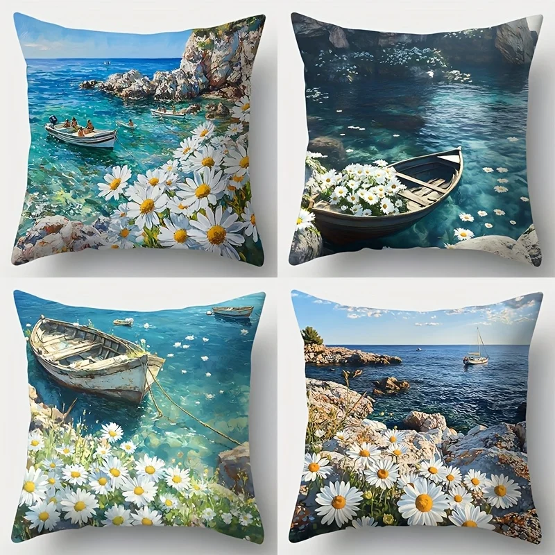 1PC 2D Flat Daisy Coastal Throw Pillow Covers Mediterranean Beach Nautical Outdoor Cushion Cases