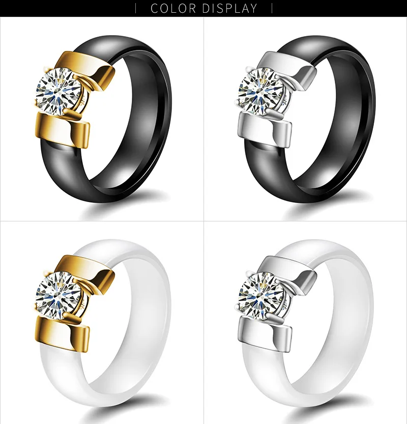 6mm White Black Ceramic Ring for Women, Cubic Zirconia Gold Stainless Steel Wedding Engagement Band Set Anniversary Gift