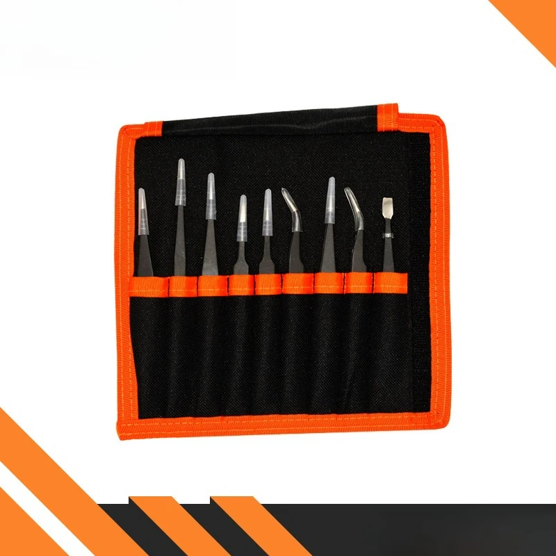 

ESD Stainless Steel Tweezers Set Black Straight Curved Tip Non-slip Edge With Canvas Bag