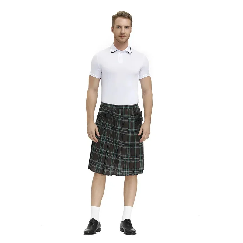 Mens Scottish Traditional Highland Tartan Kilt Stage Performance Skirt Cosplay Halloween Carnival Fancy Party Dress