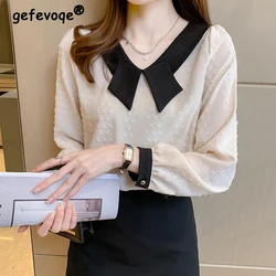 Women's Korean Fashion Contrast Color Elegant Blouse Casual V Neck Long Sleeve Shirt Spring Autumn Chic Loose Tops Blusas Mujer