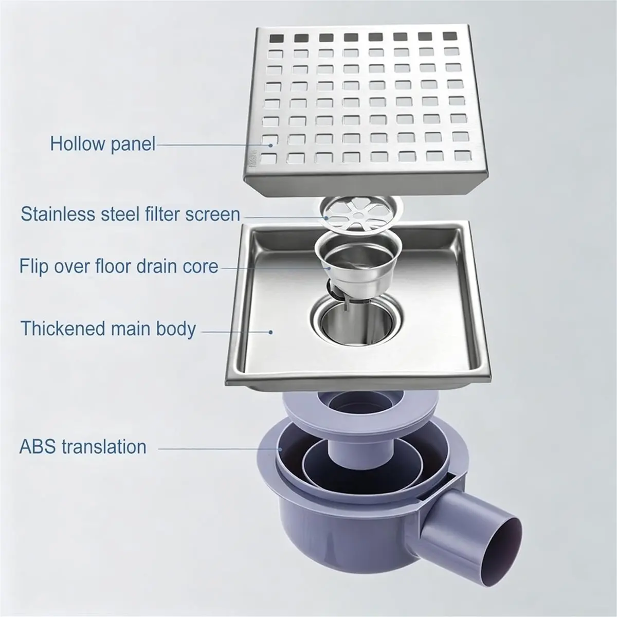 Shower Drain Square Stainless Steel Floor Drain 15 X 15 cm Floor Drain Shower,with 360° Siphon Odour Trap Hair Strainer