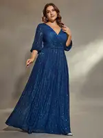Mgiacy plus size V-neck bust pleated mid-long sleeve A-frame sequin long dress Evening gown PROM dress Party dress - Image 4