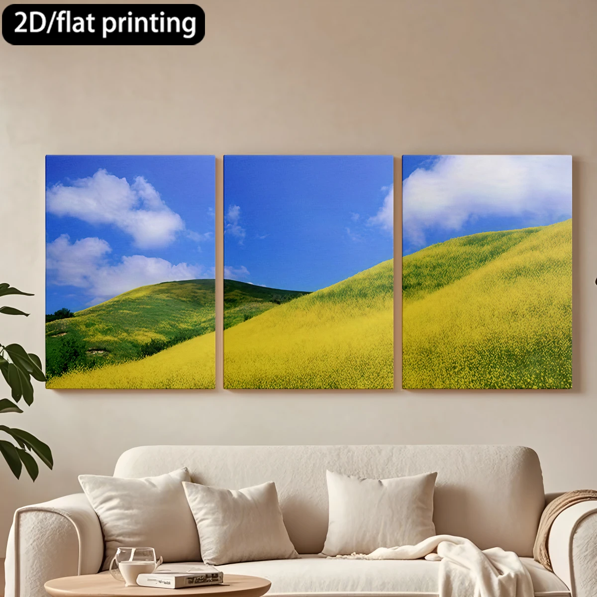 

3pc wooden frame canvas decorative painting Yellow flower hills, clear blue sky.Corridor, Living Room Decoration