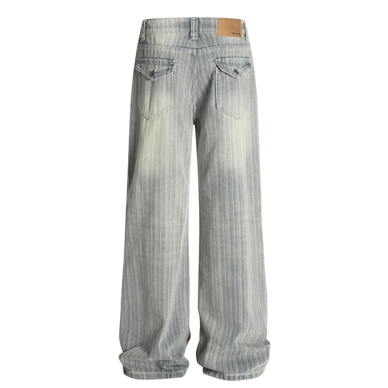 2026 Spring Autumn Unisex Retro American Washed Mens Jeans Vertical Stripe Wide Leg Slight Flare Denim Pants