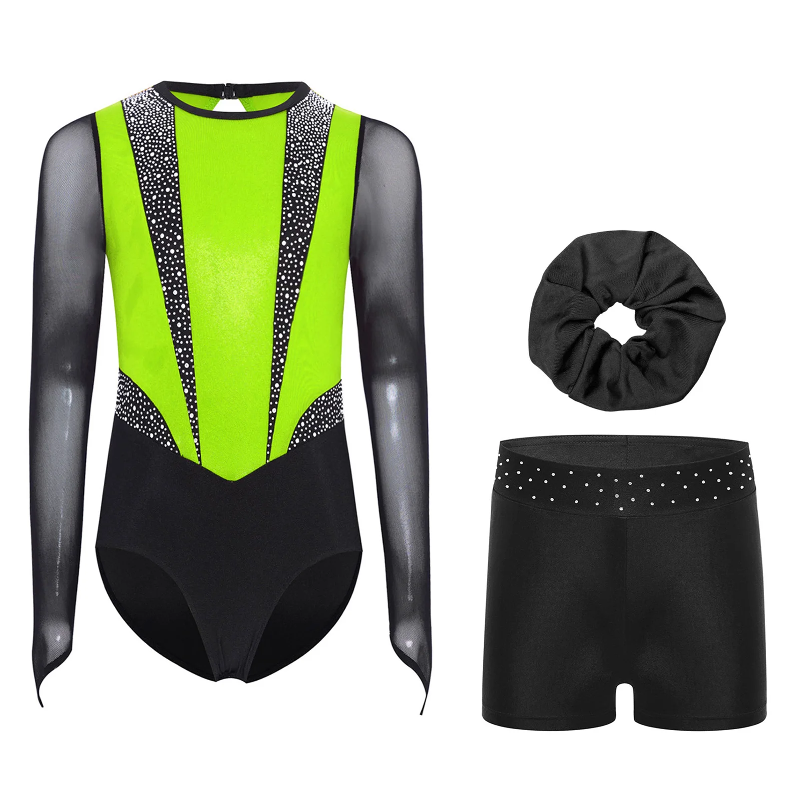 

Kids Girls Ballet Gymnastics Sets Sports Tracksuit Figure Skating Dancewear Long Sleeves Rhinestones Leotard with Shorts Suit