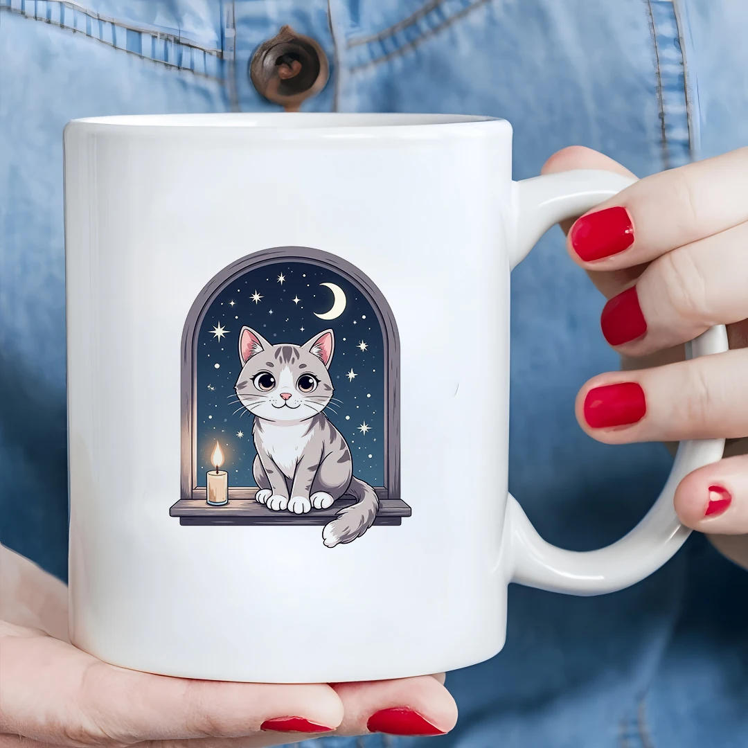 Kubek 330 ml z motywem kreskówkowego kota i konstelacji + Kubek kreatywny z motywem nocnego nieba, prezent świąteczny dla rodziny, do biura