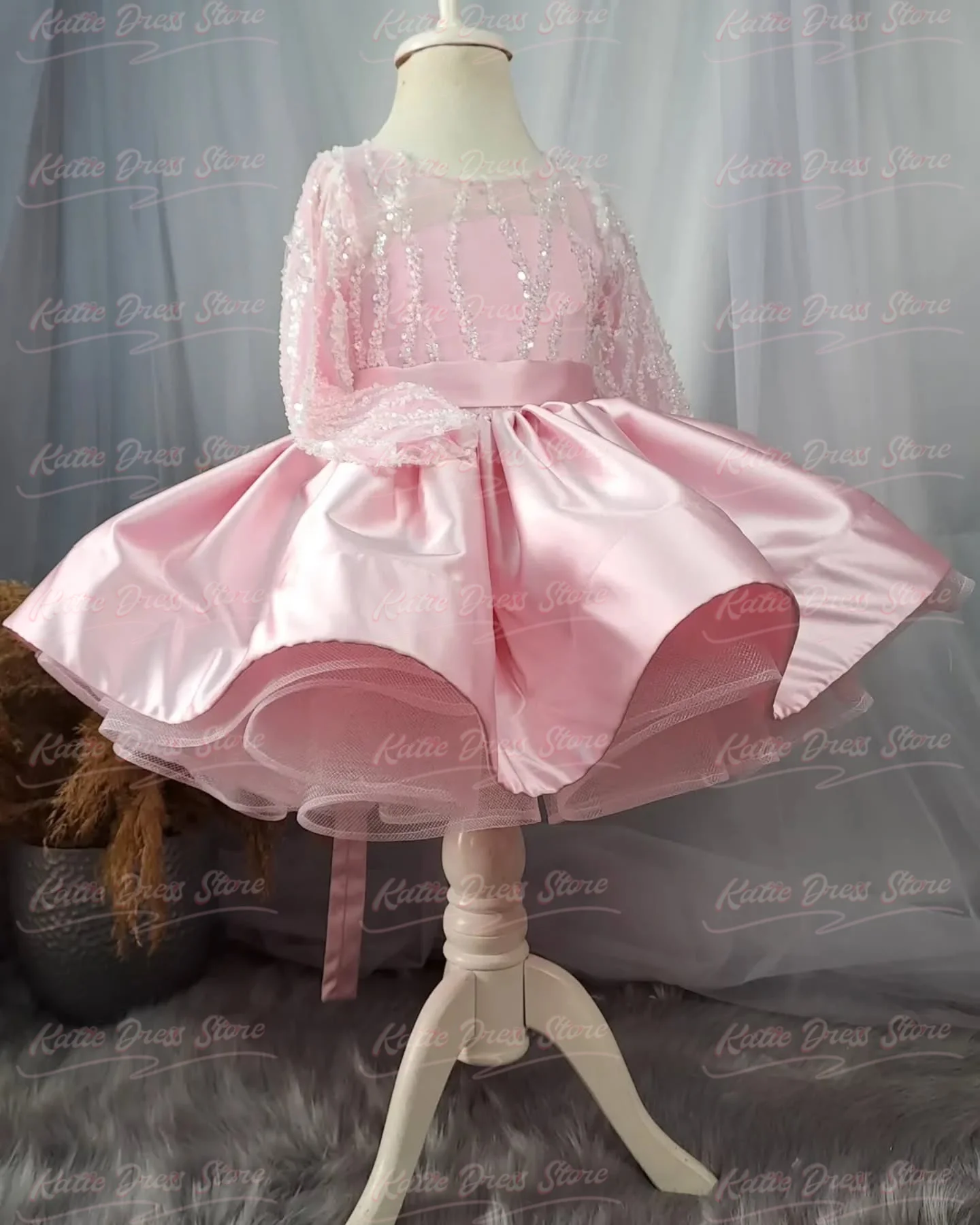 Pink Applique Flower Girl Dress for Wedding Tulle Puffy with Bow Kids Birthday Party First Communion Ball Gowns Customized
