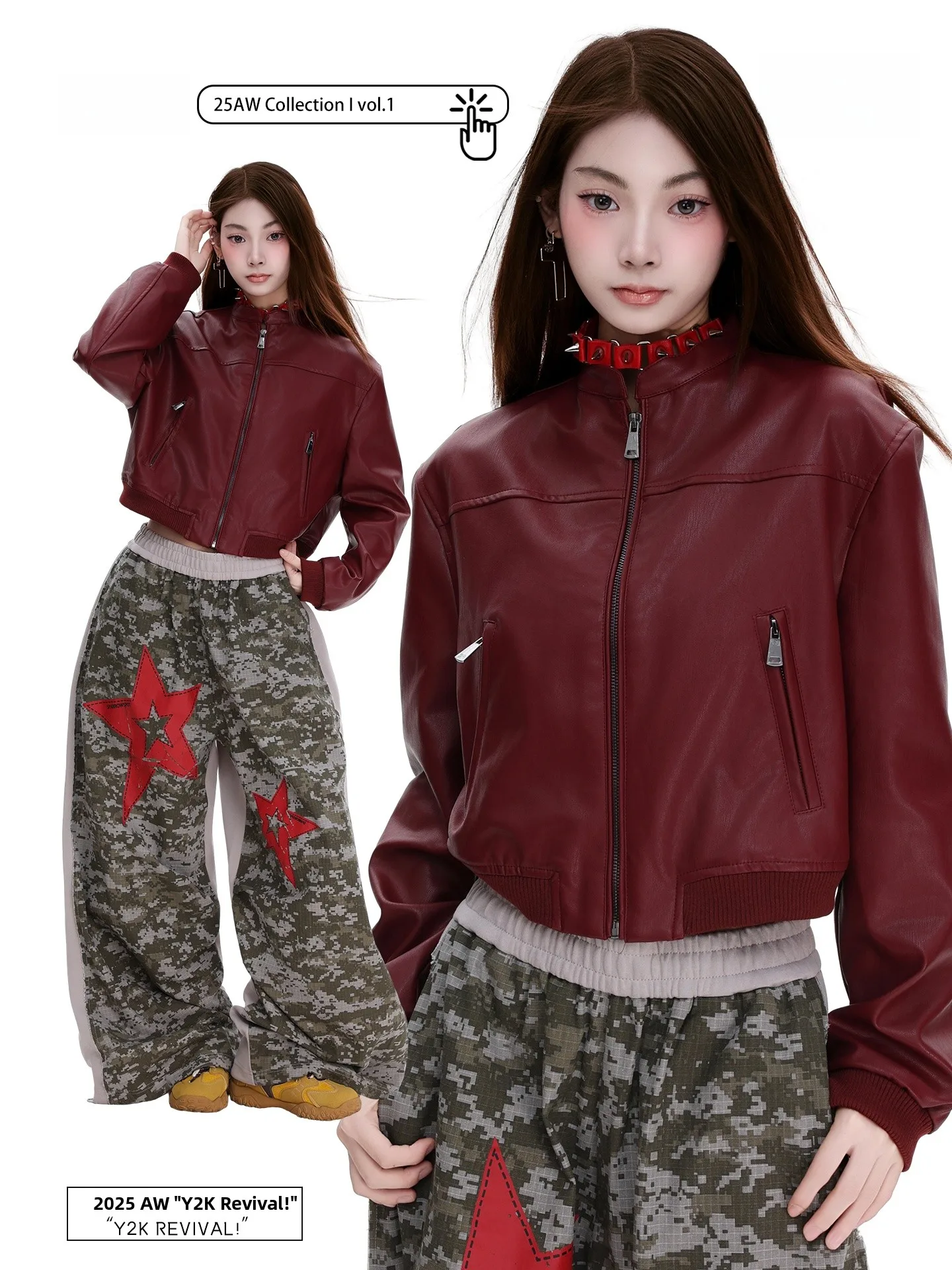 เสื้อแจ็คเก็ตหนัง PU สไตล์อเมริกัน PBB Original รุ่น Street Sle ort สำหรับผู้หญิง ดีไซน์สาวเปรี้ยว แบรนด์ทันสมัย คอตั้ง สีแดงไวน์