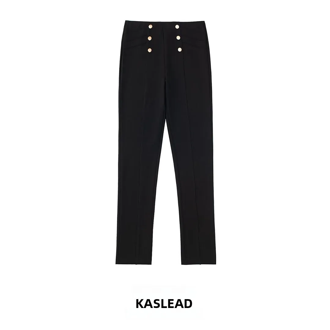 KASLEAD Women's High Waist Button up Base Layer Pants Gold Button Slimming Effect Casual Trousers Polyester Fiber