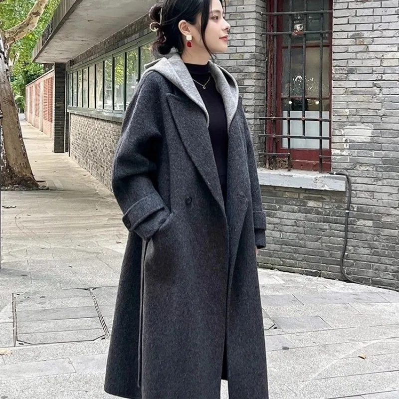 

New Fashion Women's Long Woolen Coat Autumn Winter Gray Padded Thicke Woolen Coat Female Korean High-end Hooded Parker Outerwear