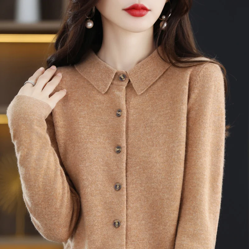 100% pure wool cardigan blouse collar coat Joker cashmere autumn new knitted shirt