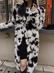 Cow Flower Lamb Fur Coat Women's Clothing Printed Black White Thick Warm Faux Fur Outer Wear Winter Fashion Street Long Coat 1Pc