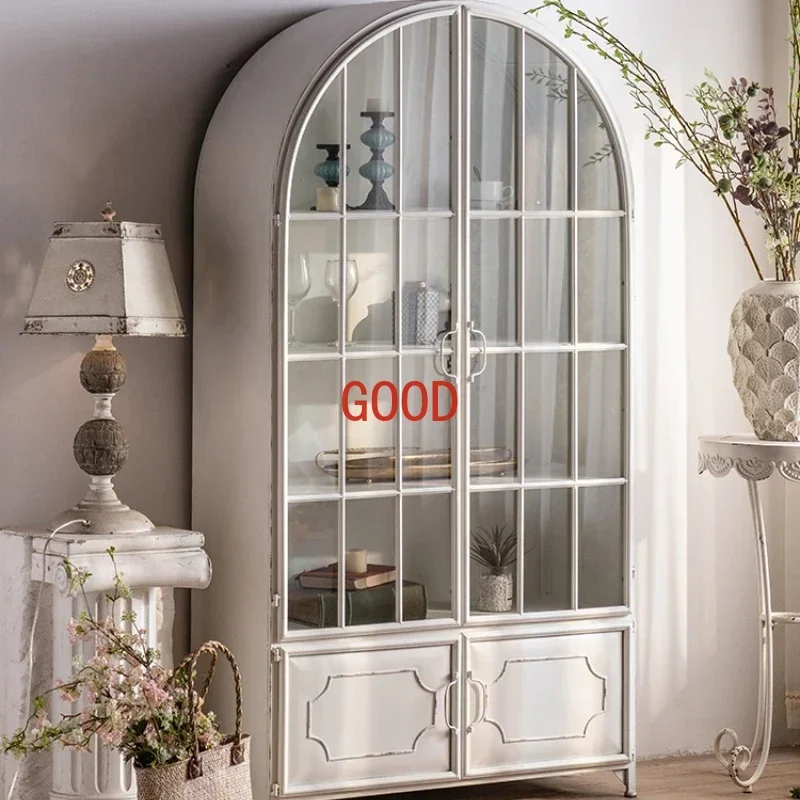 ~Y French Style Retro Iron Art Arch Bookcase Wall Living Room White with Glass Door Floor Storage Cabinet Glass Cabinet Furnitur