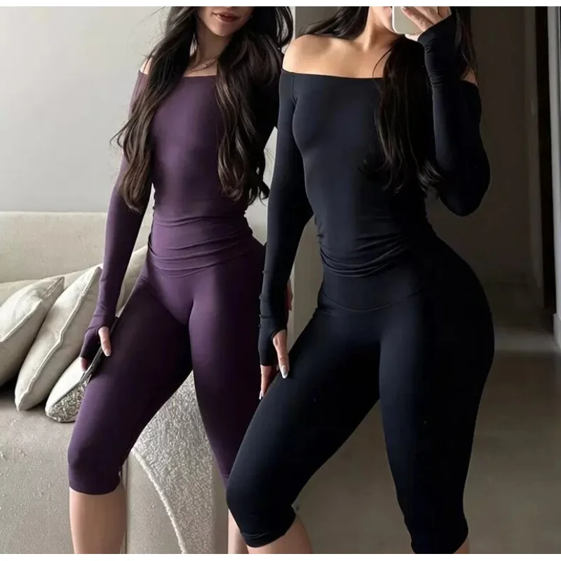 Denyf Vision GYM Women Sets 2Pcs Seamless Off Shoulder Long Sleeve Yoga Top & Peach Butt Capris Stretch Cropped Leggings Suit