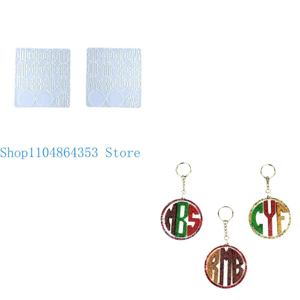 

652F 2Pcs Round Keychain Silicone Mold Circle Keychain Epoxy Resin Mold Letter Spelling Name Casting Mold with Hole