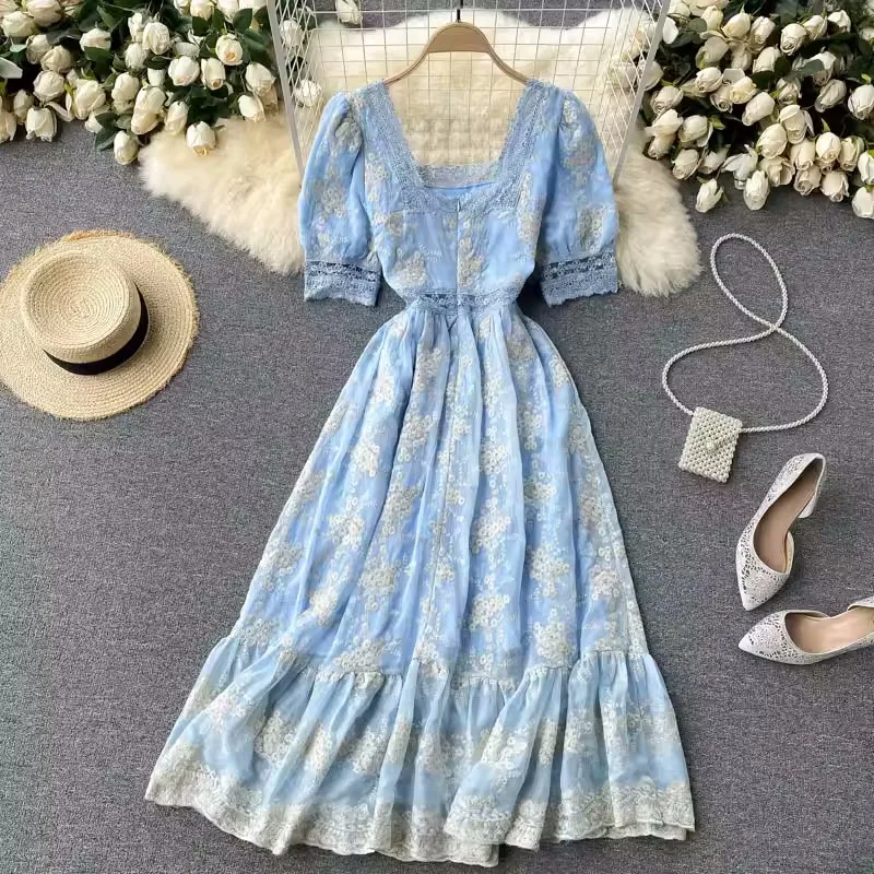 High Quality Summer Sweet Soft Girl A Line Dress Lace Embroidery Button Decor Party Dresses Casual Street  Vestidos Midi Dress