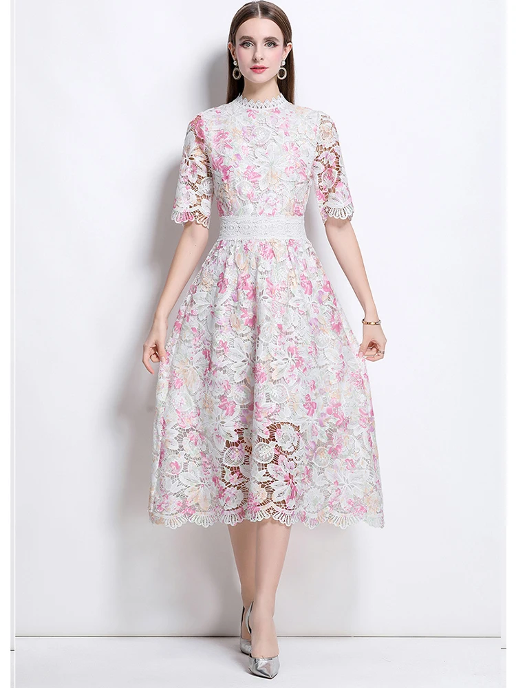

Elegant Printed Lace Slim Fit Short Sleeved Dress 2025 New Fashion Summer Women'S Clothing