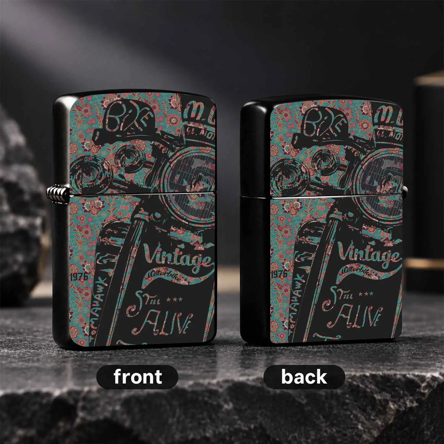 Vintage Paisley Motorcycle Themed Pocket Lighter, 1976 Classic Motorbike Art Print Decor, Portable Practical Accessory For Daily Outdoor Multiple Scenarios, Stylish Exquisite Gift Choice, Show Your Unique Retro Aesthetic Taste Easily A Humo