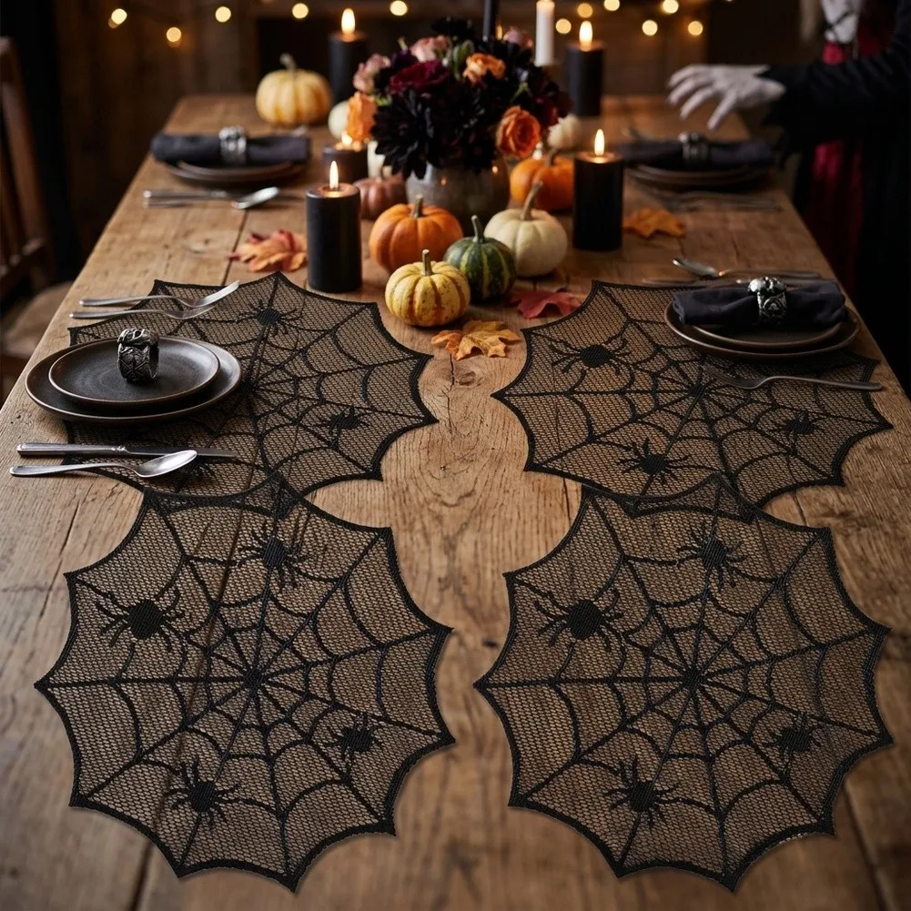 4 Piece Round Halloween Placemats Black Lace Web Design Polyester Table Mats for Themed Dining and Table Protection