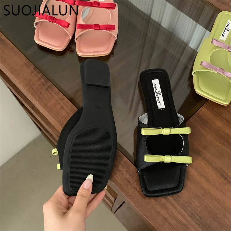 SUOJIALUN 2024 Summer New Brand Women Slipper Fashion Bow-knot Slip On Ladies Elegant Slides Soft Flat Heel Dress Sandal Shoes