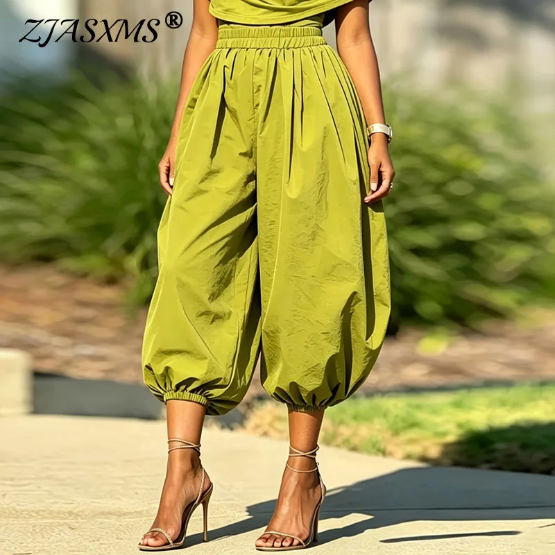 Women Elastic High Waist Harem Pants Solid Pleated Loose Lantern Cropped Trouser Casual Vacation Streetwear Lightweight Culottes