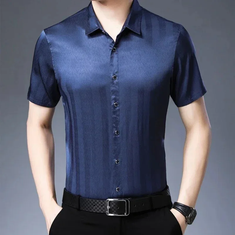 New Short Sleeved 92% Mulberry Real Silk Shirt for Men Satin Summer Thin 's Clothing Loose Casual Tops Ropa Hombre