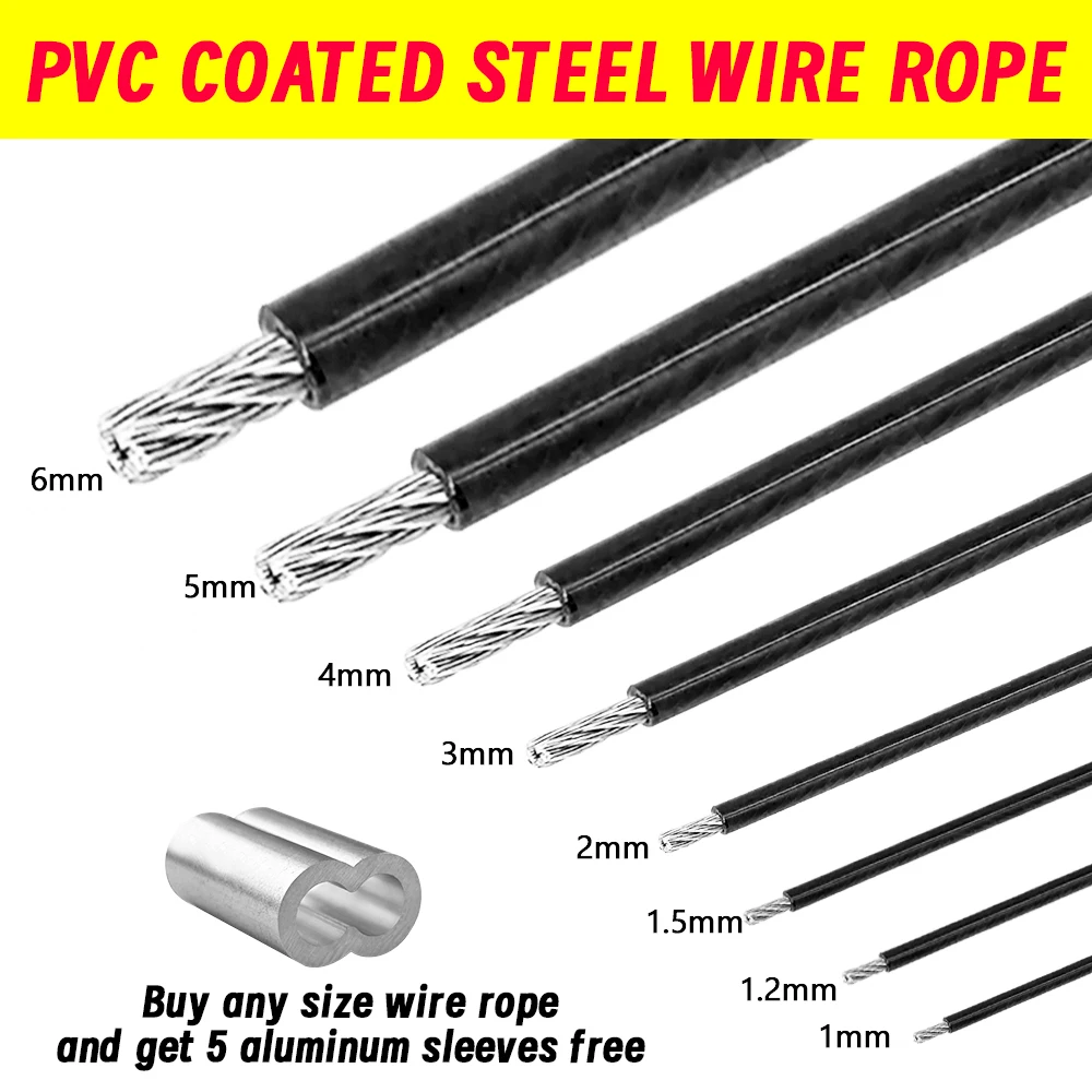 Black PVC Coated Stainless Steel 304 Wire Rope Cable 1/1.2/1.5/2/3/4/5/6MM Diameter After Coating Flexible Soft Steel Cable