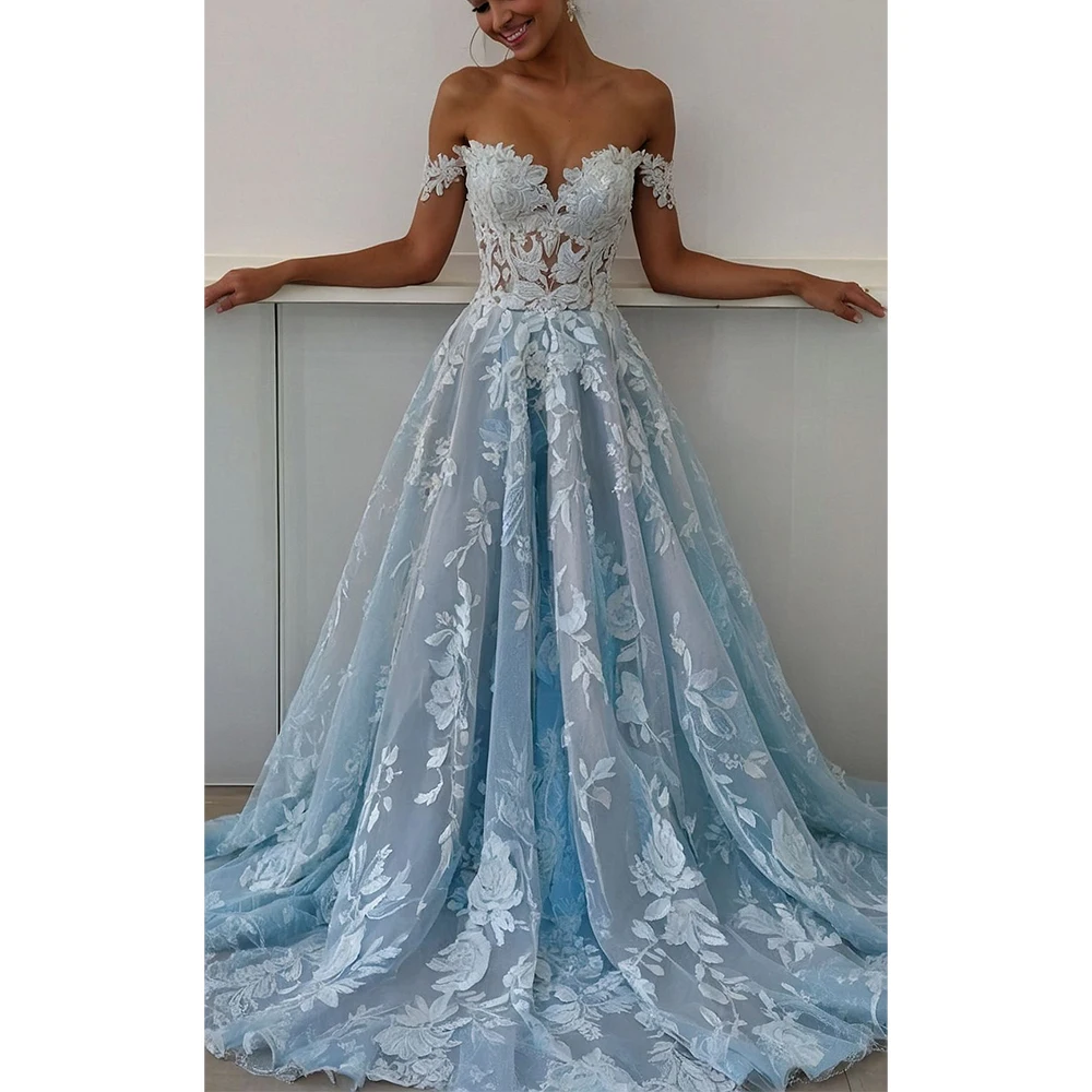 Elegant Blue Wedding Dresses Women Embroidered V-Neck Sleeveless High Quality Banquet Celebrity Special Occasion Female Gowns