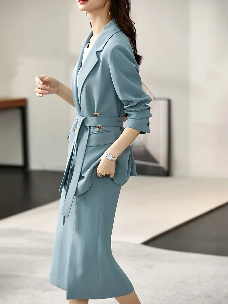 SENTUBILA Hight Quality Blazer Suit Sets for Women 2023 Office Business Belt Slim Blazer Jackets Split Midi Skirt Two Piece Sets