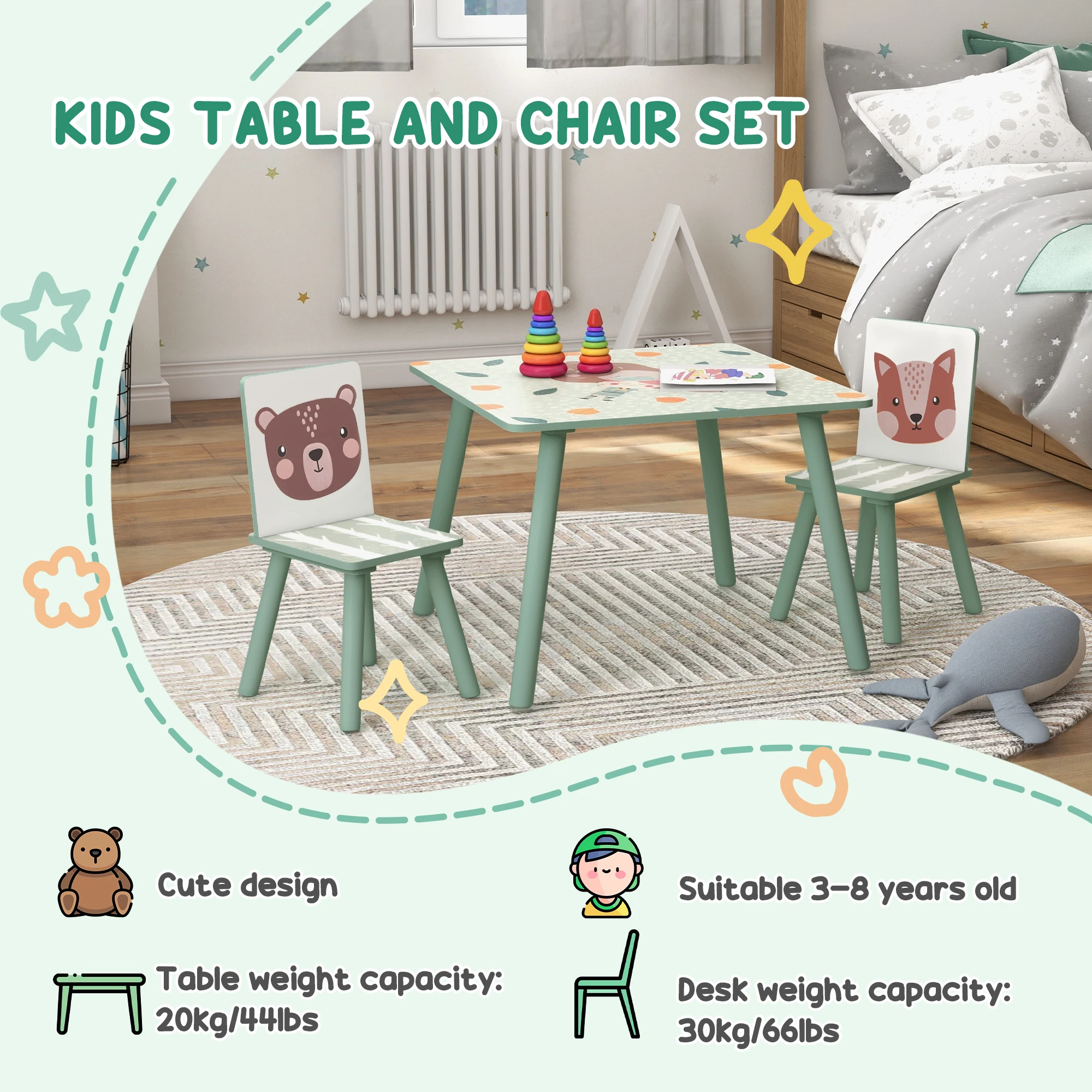 ZONEKIZ Kids Table and Chair Set with 2 Chairs, 3 Piece Toddler Activity Furniture Set for Bedroom, Nursery, Playroom