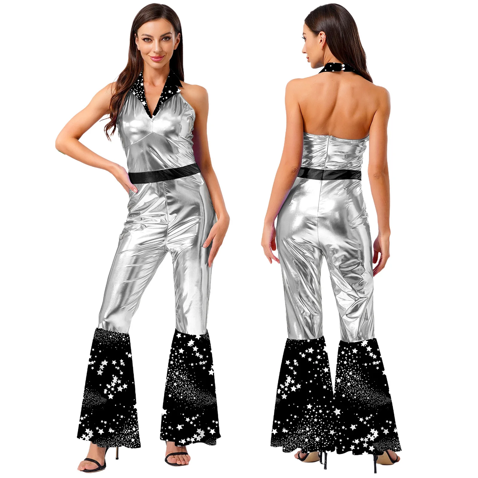 Womens 70s Disco Jumpsuit Vintage Halter Flared Jumpsuit Shinny Patchwork Costume for Themed Party Nightclub Dancing Dress Up