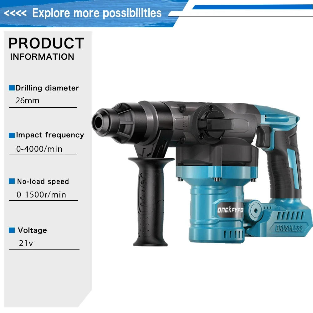 Multifunctional Impact Rotary Hammer 26MM  Woodworking Electric Demolition Hammer Drill Power Tools For Makita 18V Battery