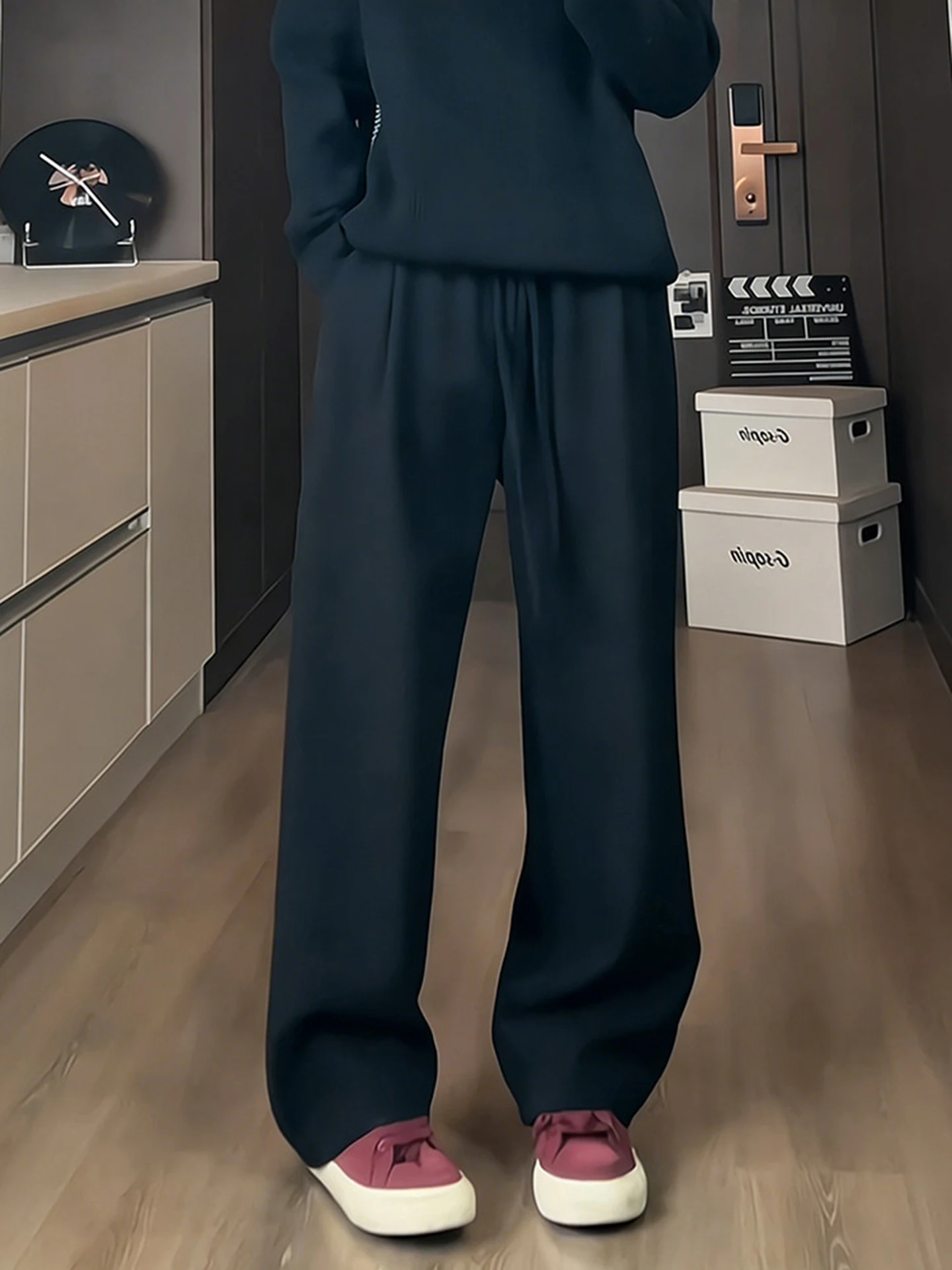 

Bla Fce Lined Straight Leg Loose Fit Casual Sports Sweatpants Men's Autumn Winter Drapey Textured Design Comfortable Pants