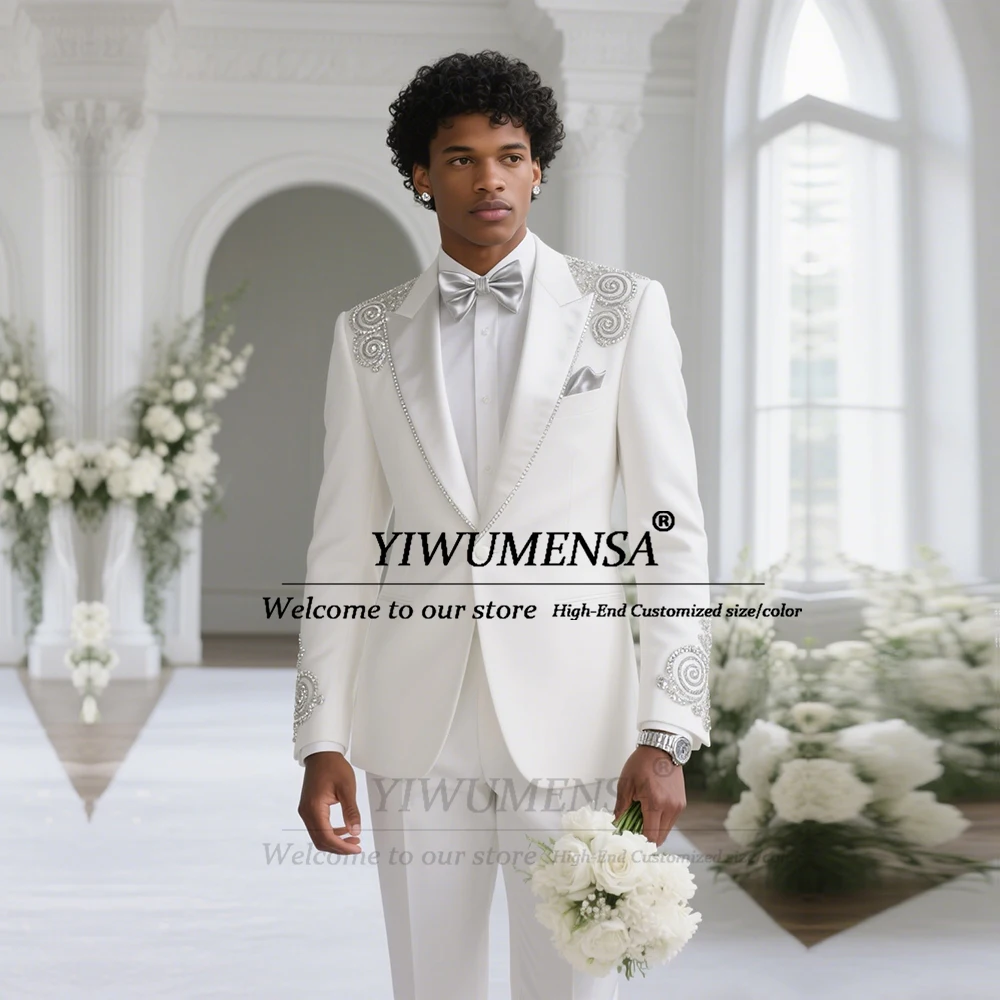 

Metallic Jewelry Stones Men Suit For Wedding Peaked Lapel Prom Tuxedos Customized 2 Pieces Groom Party Dress trajes para hombre