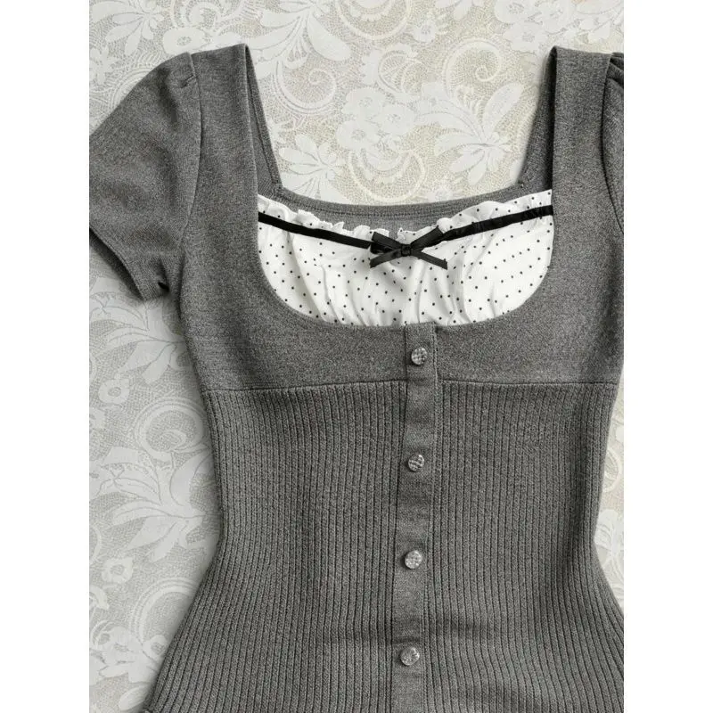 Women T Shirts Tops Polka Dot Tees Short Spliced Button Short Sleeves Square Collar Slight Strech Slim Fit Casual 2026 Spring